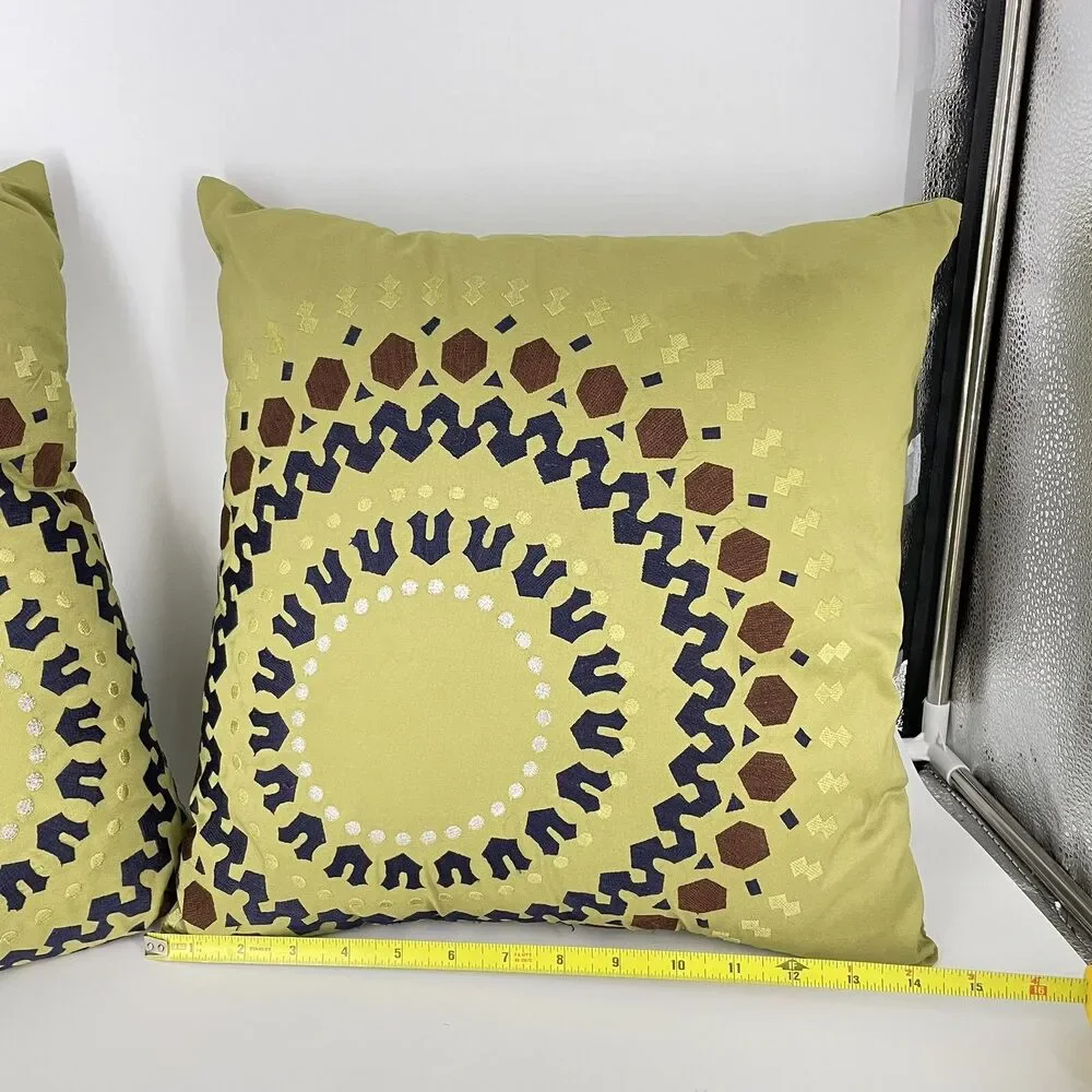 Set of 2 Pier 1 Throw Pillow 15x15 Green Medallion Embroidered Boho Accent